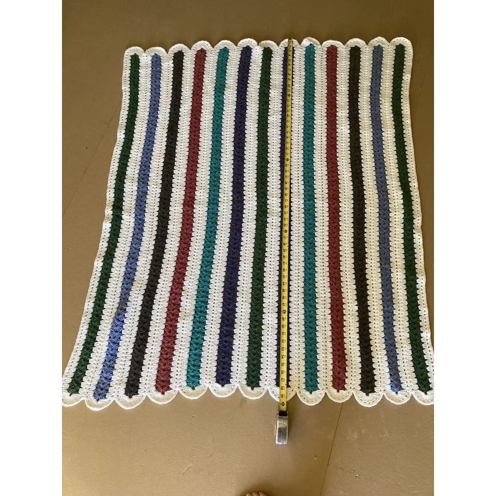 Striped Crochet Afghan Blanket Throw 60x50 Handmade Vintage Scalloped Edge
